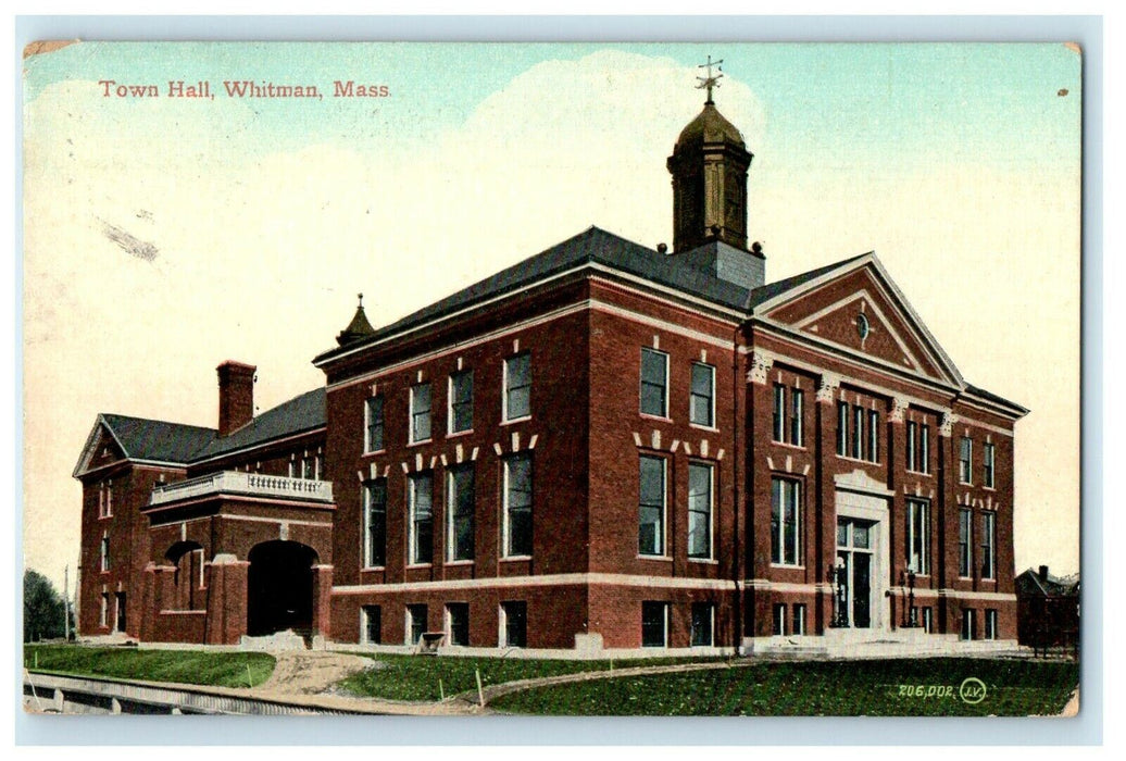 c1910 The Town Hall Building Whitman Massachusetts MA Posted Antique Postcard