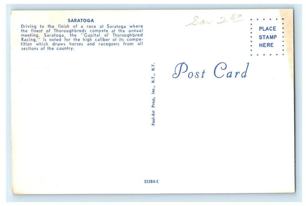 c1950's Saratoga Driving Finish Horse Racing Thoroughbred New York NY Postcard
