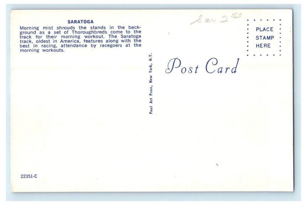 c1950's Saratoga Race Track Morning Mist Thoroughbred Horses New York Postcard