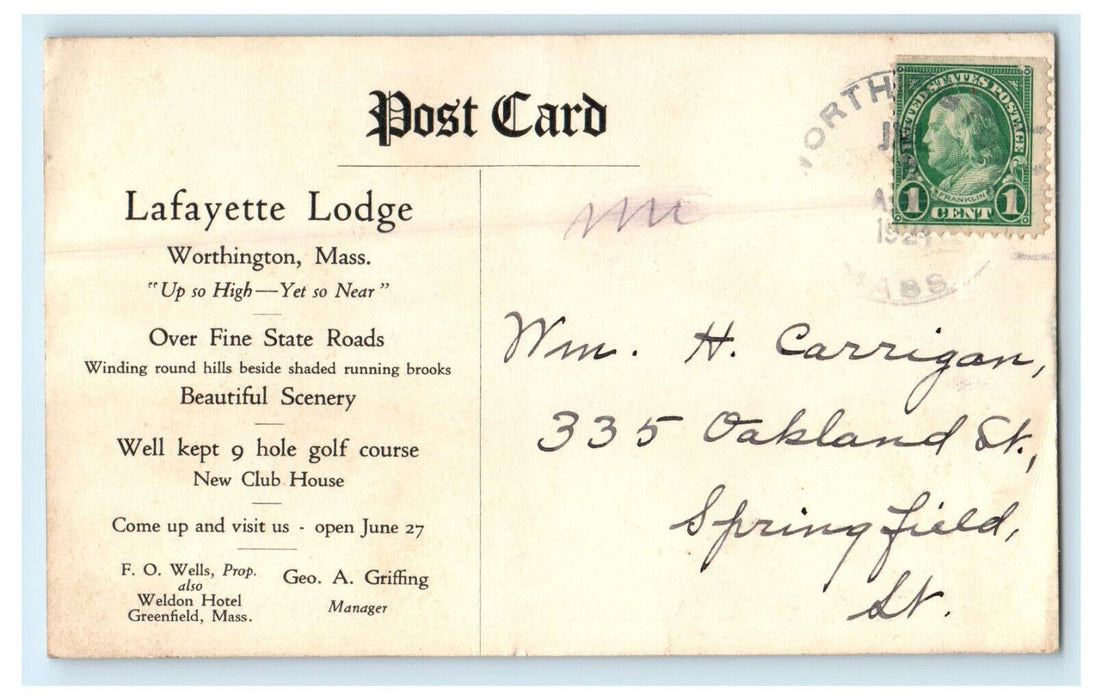 1924 Lafayette Lodge, Worthington Massachusetts MA Advertising Posted Postcard