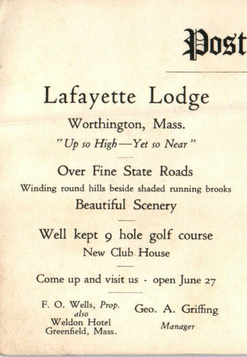 1924 Lafayette Lodge, Worthington Massachusetts MA Advertising Posted Postcard