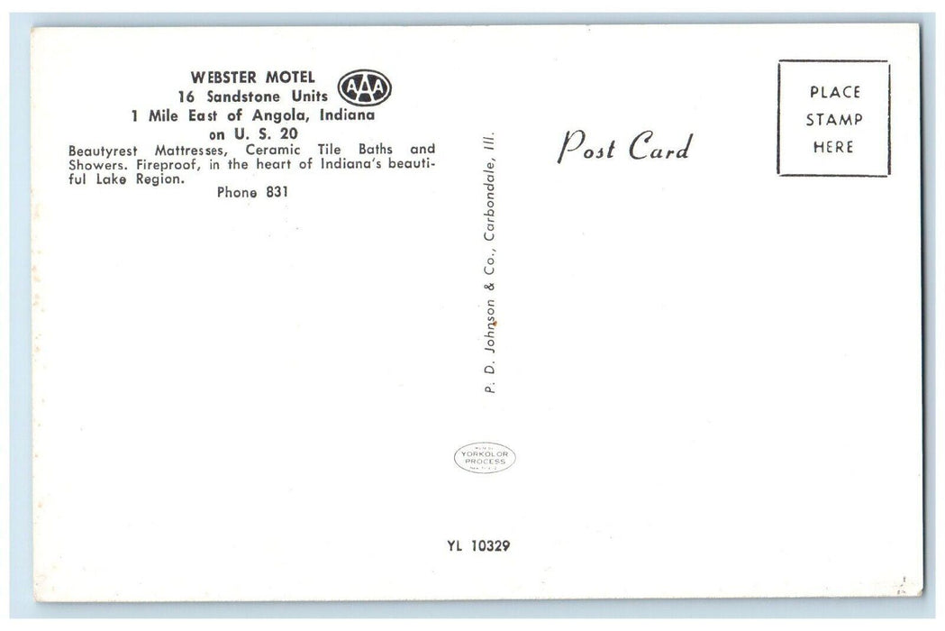 c1960's View Of Webster Motel Roadside Cars Angola Indiana IN Vintage Postcard