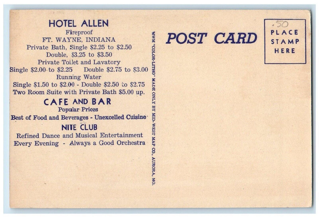 c1950's Hotel Allen Fireproof Advertising Fort Wayne IN, Multiview Postcard