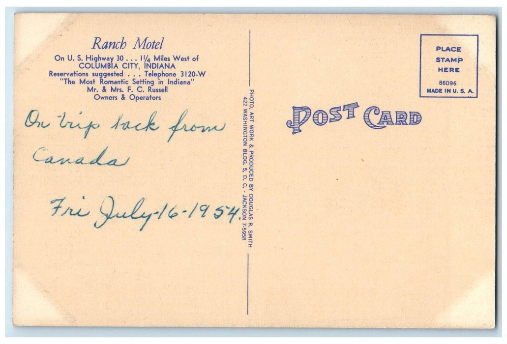 1954 View Of Ranch Motel Columbia City Indiana IN Poste Vintage Postcard