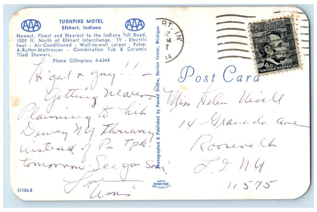 View Of Turnpike Motel Roadside Cars Elkhart Indiana IN Posted Vintage Postcard