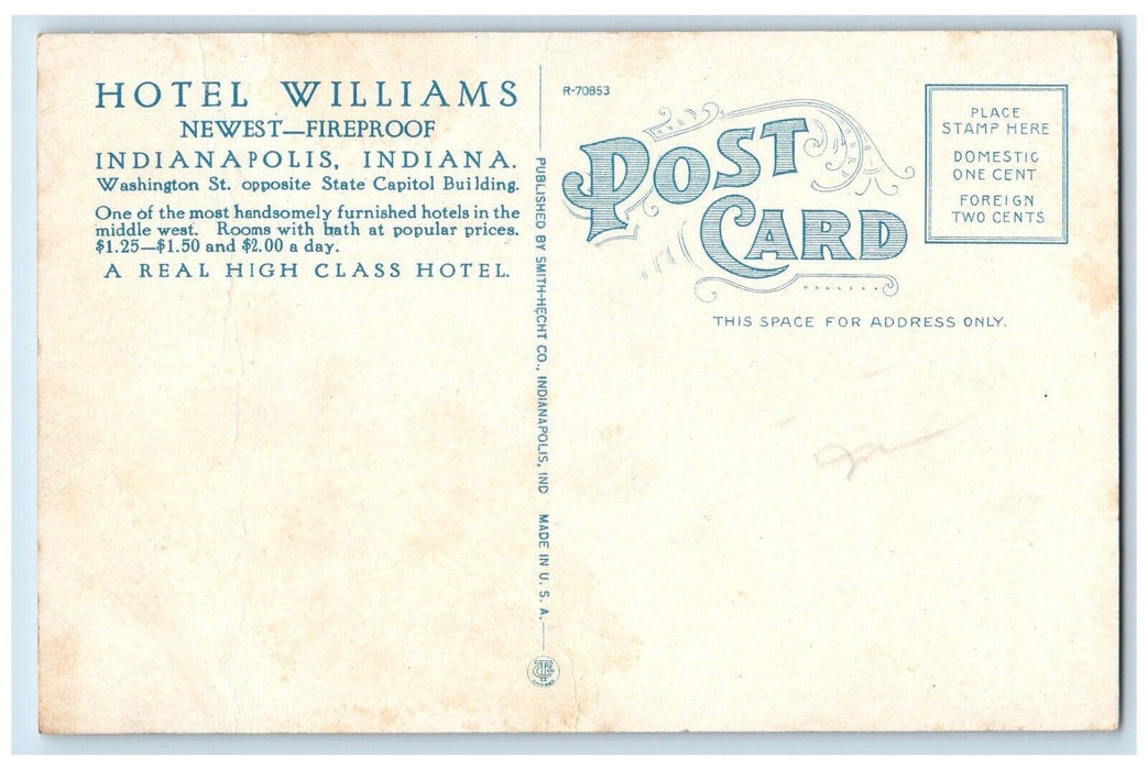 c1930's Hotel Williams Building Street View Indianapolis Indiana IN Postcard