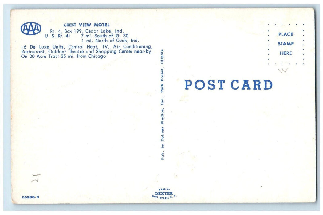 c1950's Crest View Motel Cedar Lake Indiana IN Unposted Vintage Postcard
