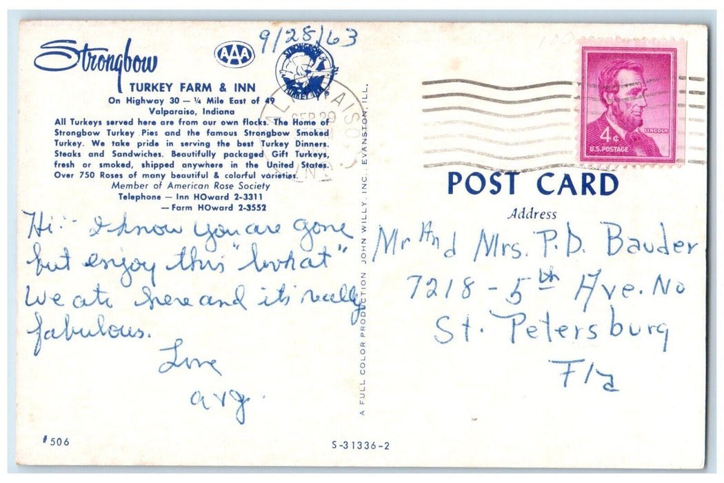 1963 Strongbow Turkey Farm & Inn Restaurant Valparaiso Indiana IN Postcard