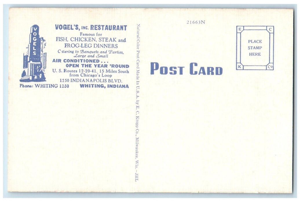 Vogel's Inc. Restaurant Main Dining Room Pine Cone Whitting IN Vintage Postcard