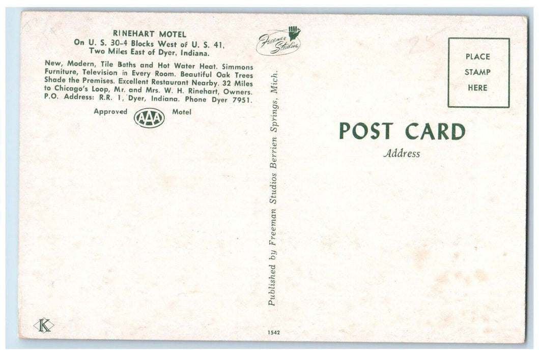 c1950's A View Of Rinehart Motel Dyer Indiana IN Unposted Vintage Postcard