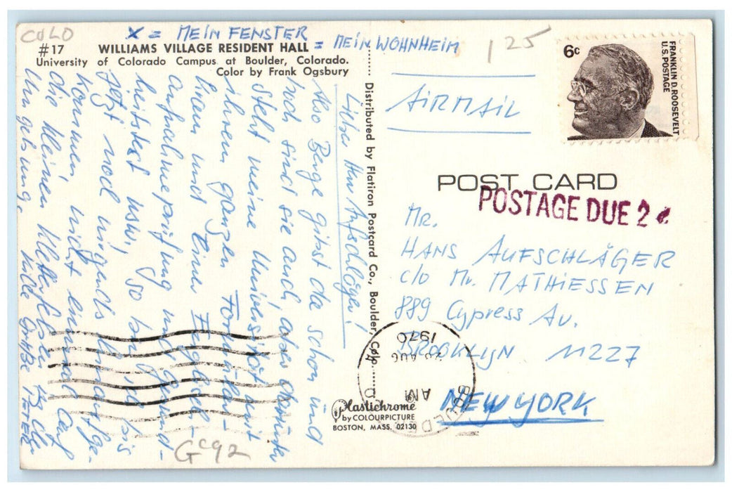1970 Williams Village Resident Hall University of CO Boulder CO Postcard