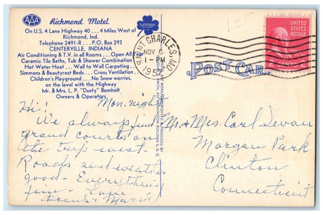 1957 Richmond Hotel Roadside Centerville Indiana IN Posted Vintage Postcard