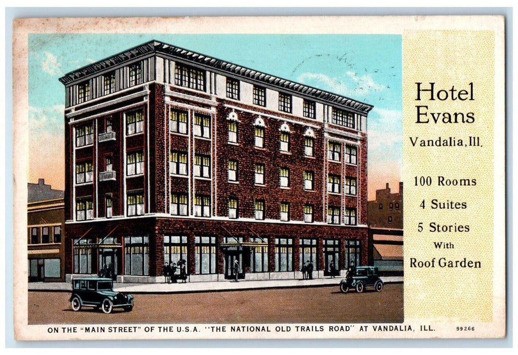1929 Hotel Evans Building Main Street Cars Vandalia Illinois IL Vintage Postcard