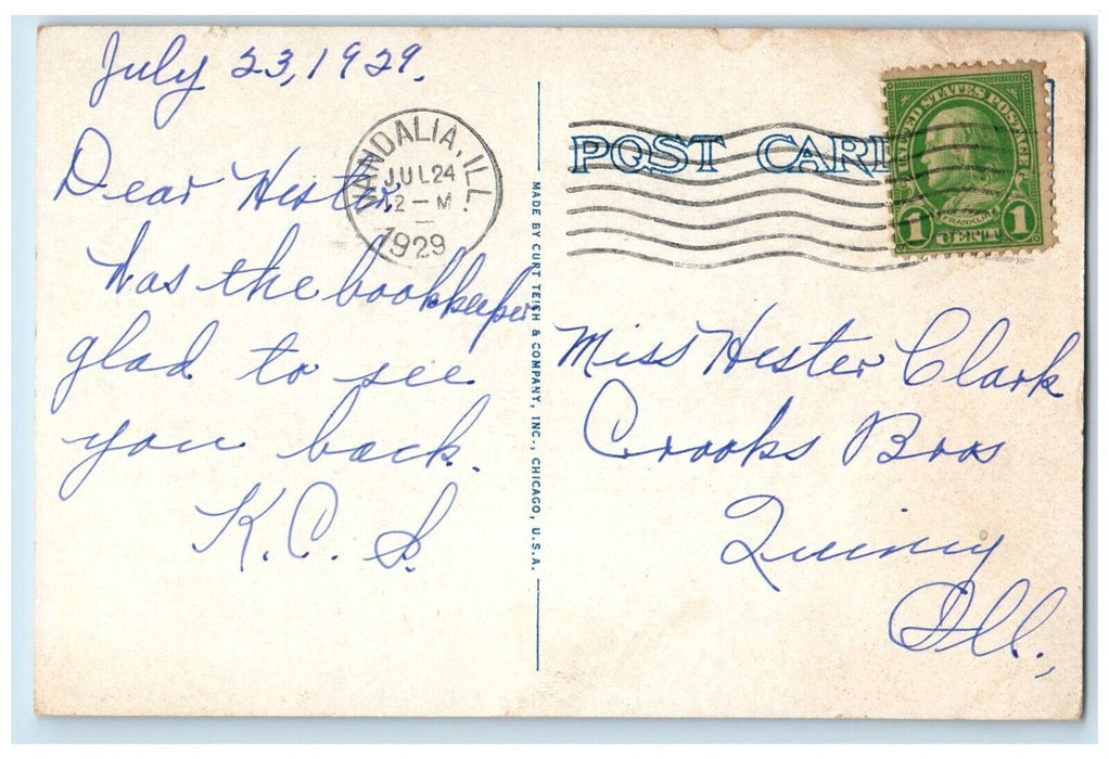 1929 Hotel Evans Building Main Street Cars Vandalia Illinois IL Vintage Postcard