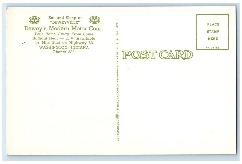 View Of Dewey's Modern Motor Court Deweyville Washington Indiana IN Postcard