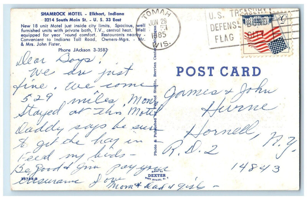 1965 Shamrock Motel Roadside Car Elkhart Indiana IN Posted Vintage Postcard