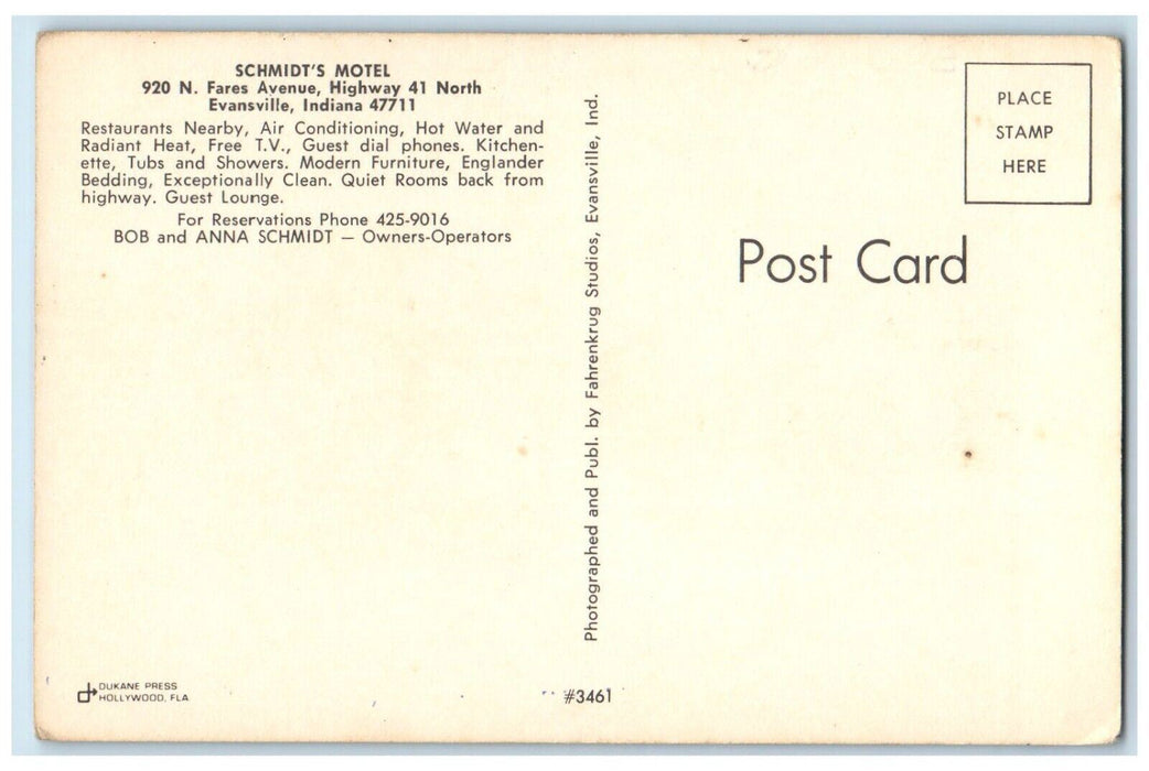 c1950's Schmidt's Motel Roadside Evansville Indiana IN Unposted Vintage Postcard