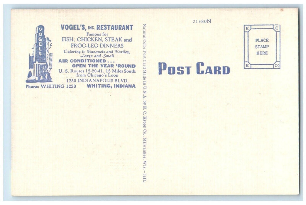 Vogel's Restaurant Cloverleaf Cocktail Bar Whiting Indiana IN Vintage Postcard