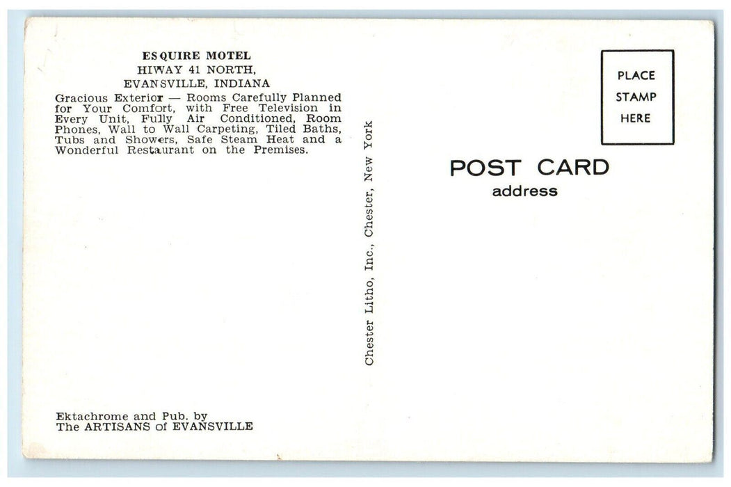 c1950's Esquire Motel Roadside Cars Evansville Indiana IN Vintage Postcard