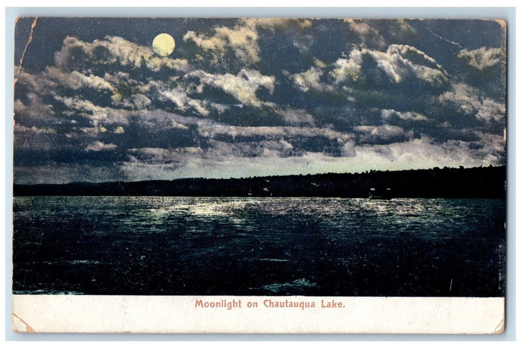 1909 Moonlight on Chatauqua Lake Jamestown New York NY Antique Postcard