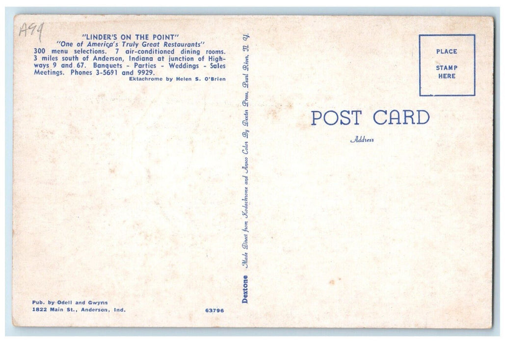 c1950's Linder's On The Point Restaurant Anderson Indiana IN Vintage Postcard