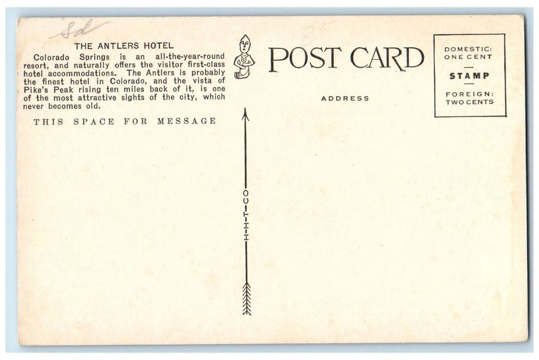 c1910 Antlers Hotel, Pikes Peak In Distance Colorado Springs CO Postcard