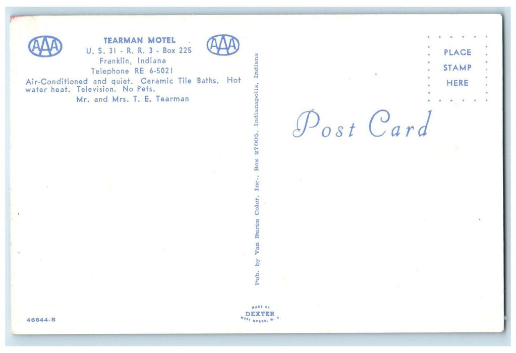 c1950's View Of Terman Motel Franklin Indiana IN Unposted Vintage Postcard