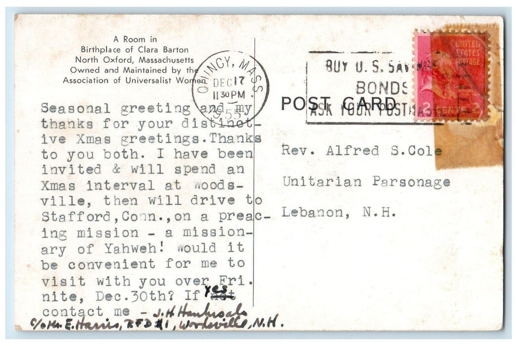 1955 Birthplace of Clara Barton, North Oxford Massachusetts MA Postcard