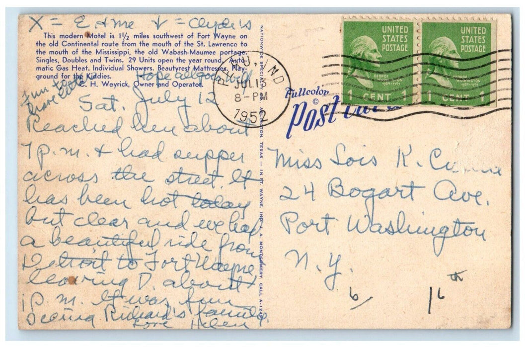 1952 Aerial View Of Country Club Motel Cars Fort Wayne Indiana IN Postcard