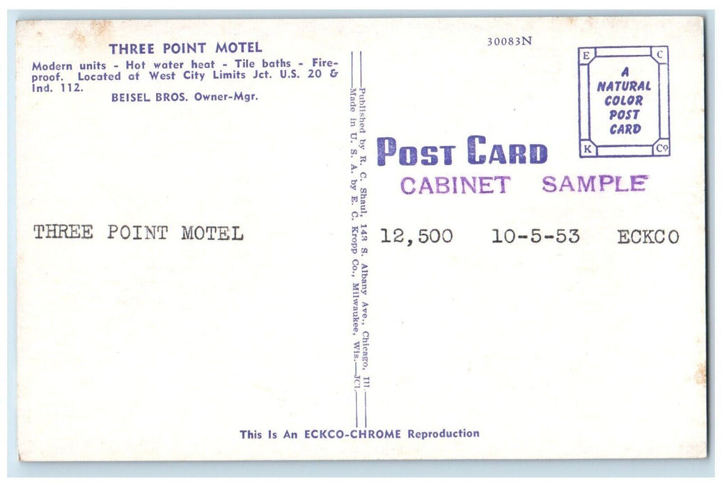 c1960's Three Point Motel Elkhart Indiana IN Unposted Vintage Postcard