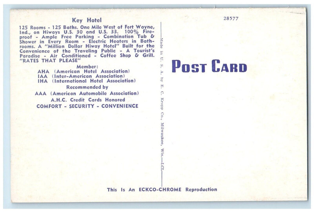 c1930's Aerial View Key Hotel One Mile West Of Fort Wayne Indiana IN Postcard