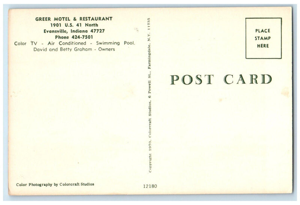 c1950's Greer Motel & Restaurant Cars Evansville Indiana IN Vintage Postcard
