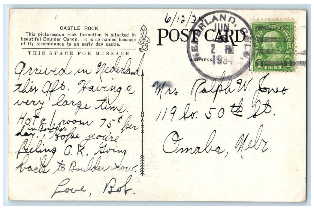 1934 Castle Rock Boulder Canyon Boulder Colorado CO Nederland CO Postcard