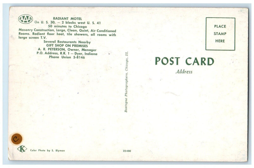 c1960's Radiant Motel Roadside Dyer Indiana IN Unposted Vintage Postcard