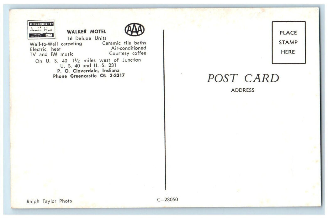 c1960's Walker Motel Cars Cloverdale Indiana IN Unposted Vintage Postcard