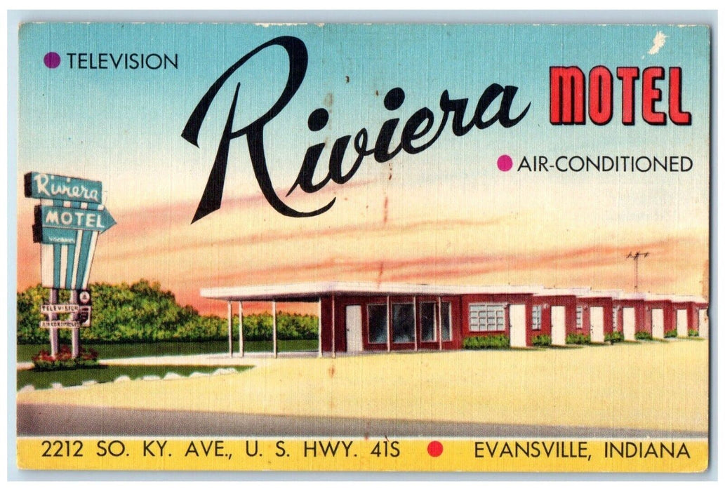 c1960's Riviera Motel So. KY. Ave. U. S. Hwy 41S Evansville Indiana IN Postcard