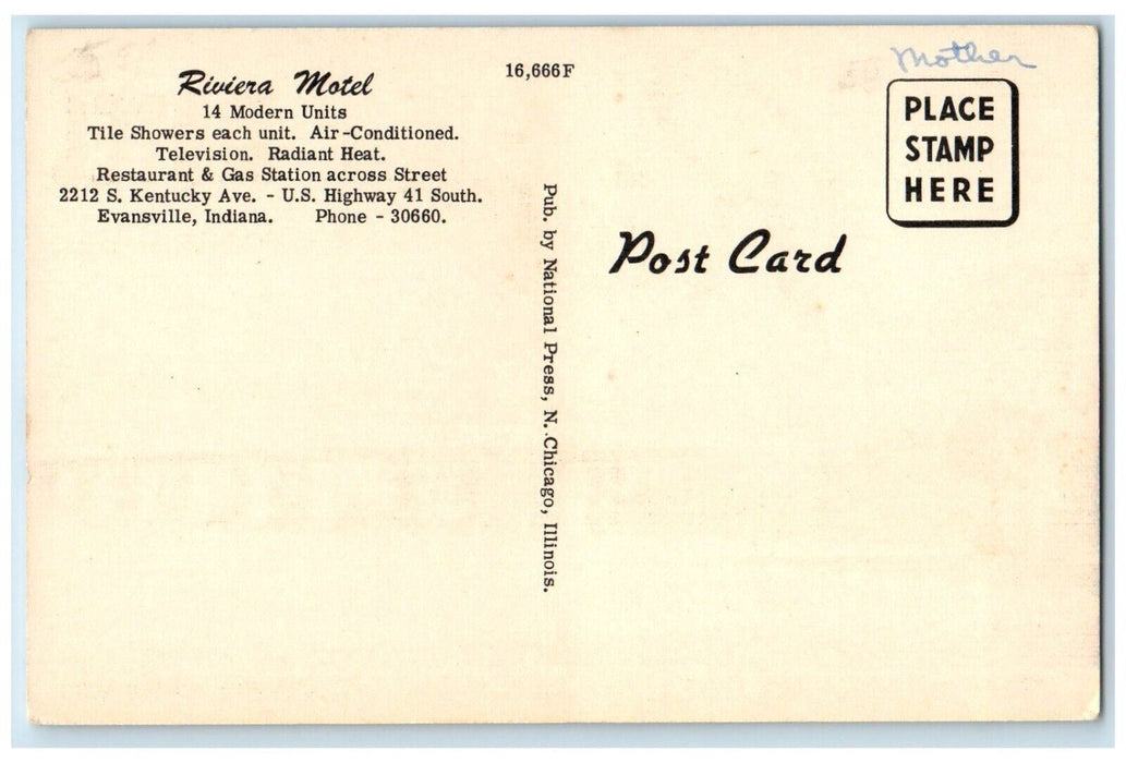 c1960's Riviera Motel So. KY. Ave. U. S. Hwy 41S Evansville Indiana IN Postcard
