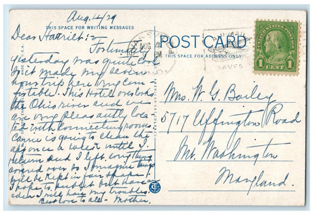 1929 Hotel McCurdy Riverside View Evansville Indiana IN Posted Antique Postcard