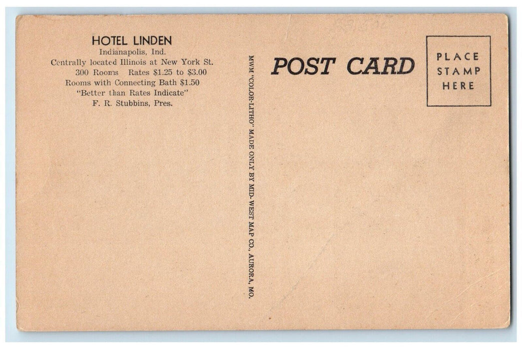 Indianapolis Indiana IN, Hotel Linden Coffee Shop Barber Tailor Cars Postcard