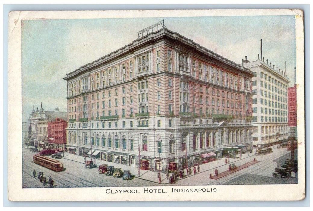 1934 Claypool Hotel Building Trolley Cars Indianapolis Indiana IN Postcard