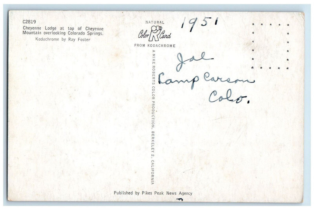 1951 Cheyenne Lodge at Top of Cheyenne Mountain Colo Springs CO Postcard