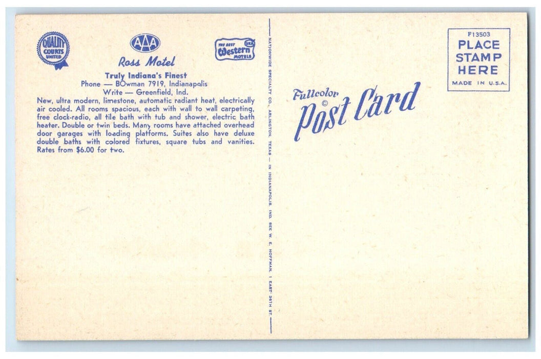 c1950's Ross Motel Indianapolis Indiana IN, Multiview Unposted Vintage Postcard