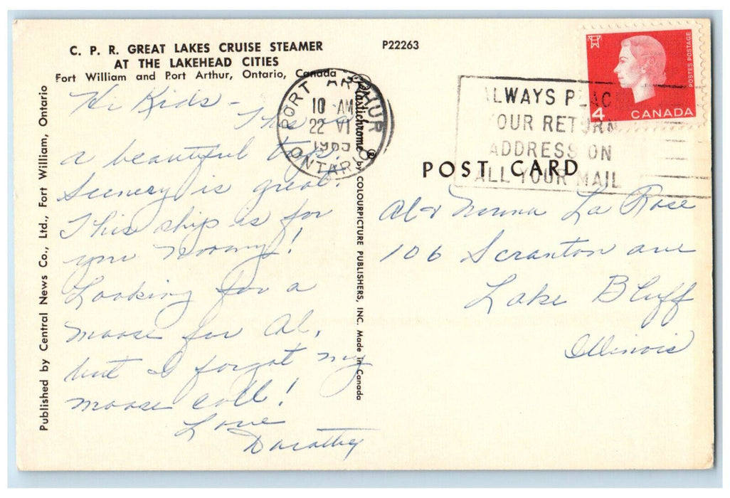 1965 C.P.R. Great Lakes Cruise Steamer, Fort William, Ontario Canada Postcard