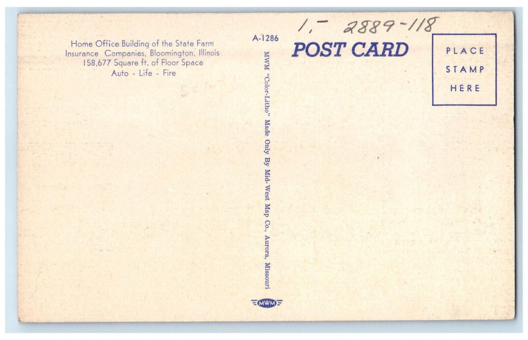 c1950s Home of State Farm Insurance Companies, Bloomington Illinois IL Postcard