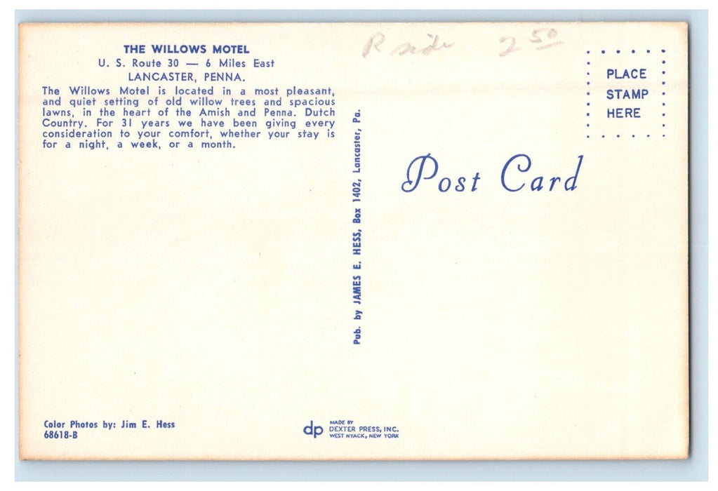c1950s The Willows Motel, Lancaster Pennsylvania PA Vintage Unposted Postcard