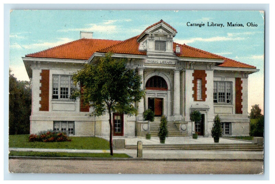 1910 Carnegie Library Building Street View Marion Ohio OH Antique Postcard