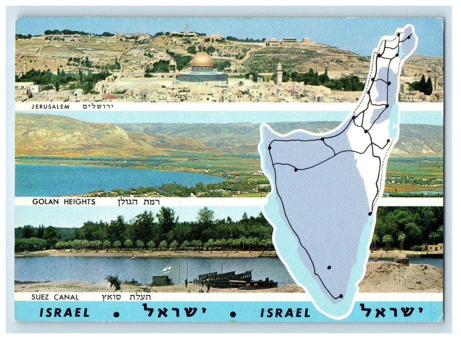 Multiview Of Israel Jerusalem Golan Heights Suez Canal Map Vintage Postcard