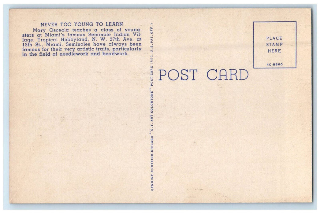c1940s Mary Osceola Teaching Kids, Miami Seminole Indian Village, FL Postcard