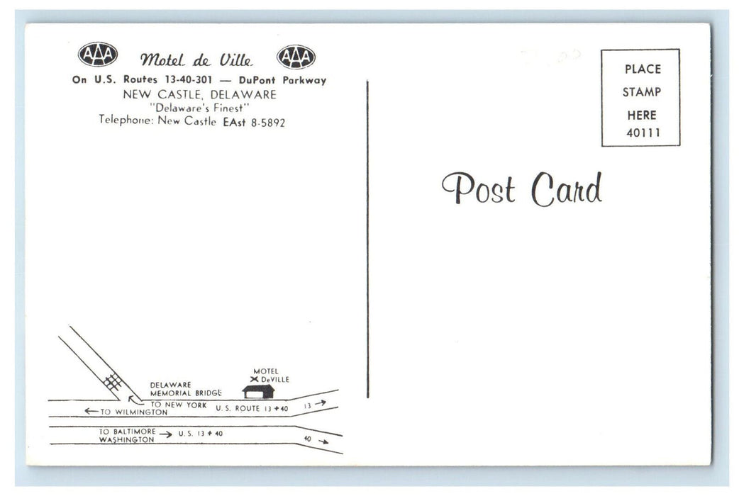 c1950s Motel De Ville, DuPont Parkway New Castle Delaware DE Postcard