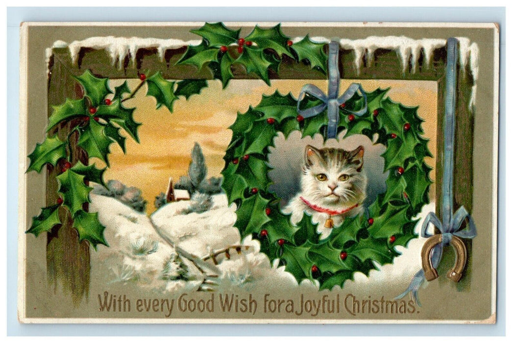 c1910 Christmas Cat Kitten in Wreath Horseshoe Clapsaddle Embossed Postcard
